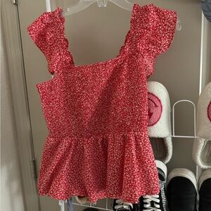 Red Floral Cinched Top Blouse